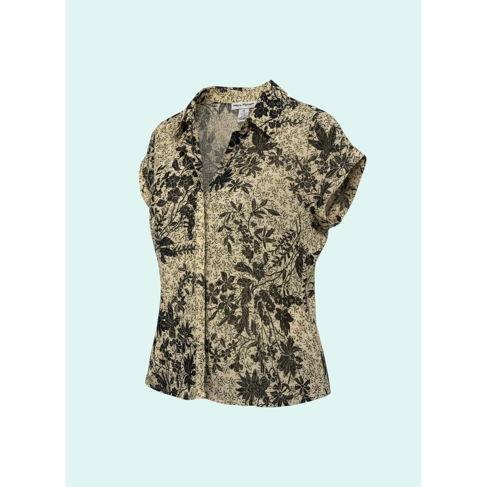Rena Rowan Size 12 Beige Black Floral Button Blouse Classic
